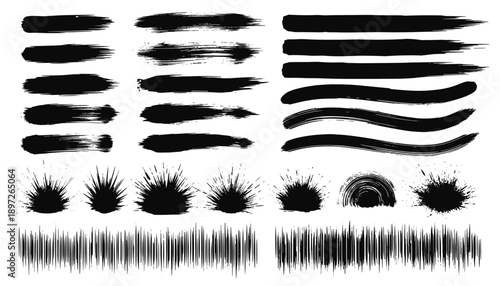 Vector illustration of digital brush stroke samples with smooth lines rough edges splatter effects and dynamic artistic curves