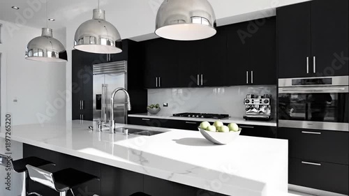 Modern Luxury Monochrome Kitchen Interior Design With Island And Stainless Steel Appliances