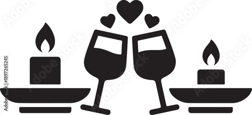 Romantic Dinner Wine Glass Silhouette Vector Icon.