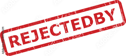 Red grungy rubber stamp displaying the word REJECTEDBY on a clean white surface