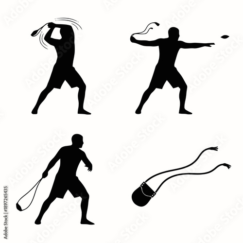 Silhouettes of a man using an ancient sling weapon, showing different stages of throwing a projectile.