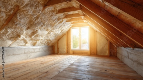 Bright empty attic room with new foam insulation and wooden floor. Unfinished renovated or constructed home interior space.