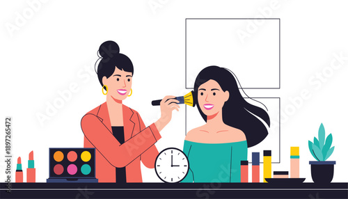 Makeup vector artwork showing professional artist in red jacket applying blush to client in green top with palette and brushes