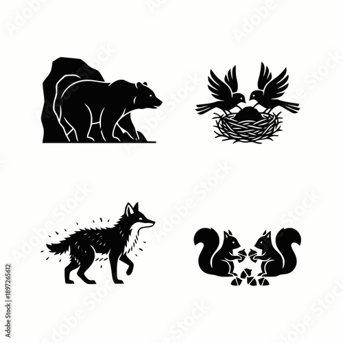 Minimalist black and white animal illustrations including a bear, birds in a nest, a fox, and squirrels with acorns, representing nature and wildlife.