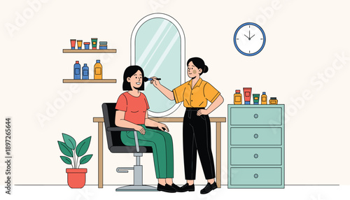 Beauty salon vector illustration of makeup artist applying cosmetics to client in professional studio with mirror and shelves