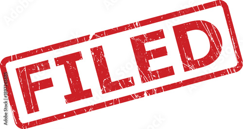 Red rectangular rubber stamp displaying the word FILED in capital letters on a clear white surface