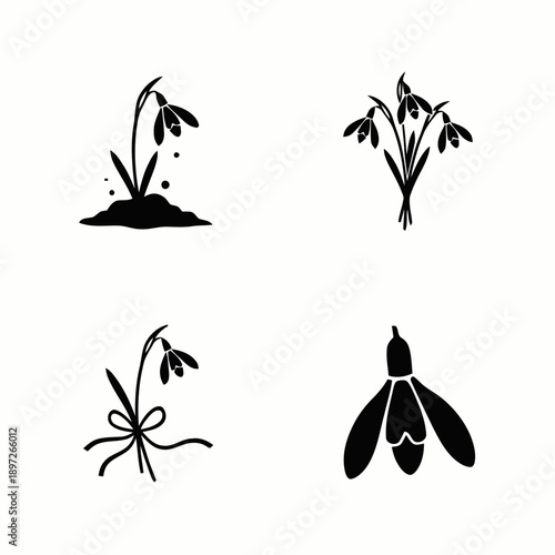 Black silhouette icons of snowdrop flowers, depicting various arrangements like growing from earth, a bouquet, and tied with a ribbon, symbolizing early spring and new beginnings.