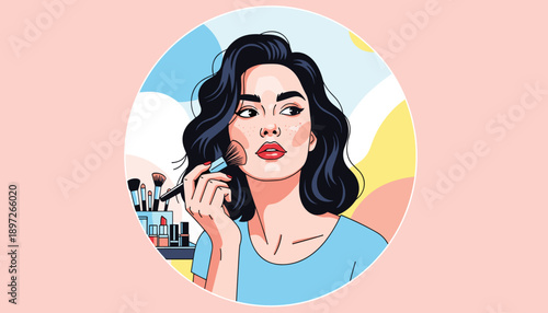 Beauty vector illustration of woman applying makeup with brush in modern pastel style for cosmetics and personal care design