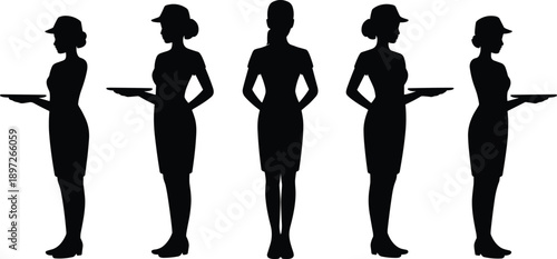 Collection of five black silhouettes of women in attire holding serving trays in various poses and perspectives