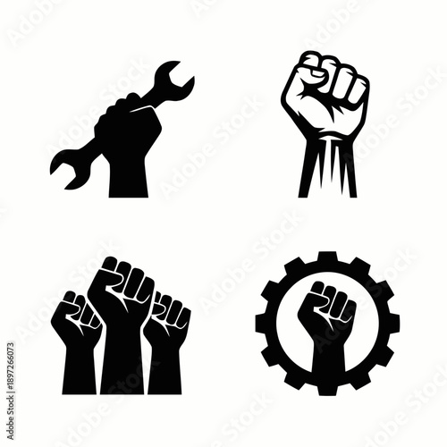 Labor and Protest Icons Set: Raised Fists, Wrench, and Gear Symbols for Activism and Industrial Themes.