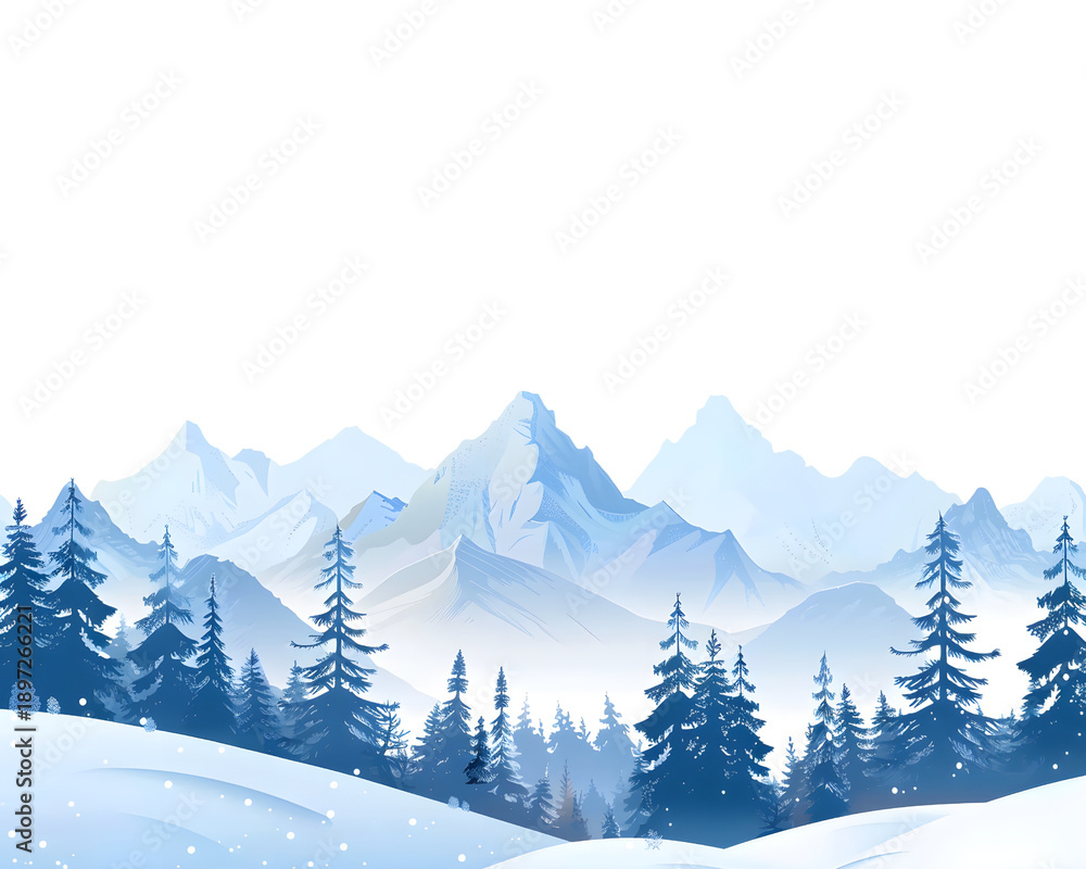 Fototapeta premium Snowy Pine Forest With Mountain Range Illustration Isolated Transparent Background