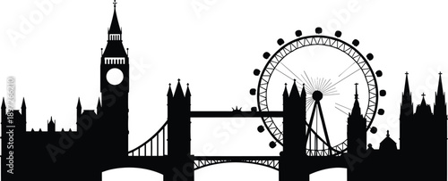 Detailed black silhouette of the London skyline including Big Ben, Tower Bridge, and the London Eye, presented against a clean white backdrop for use