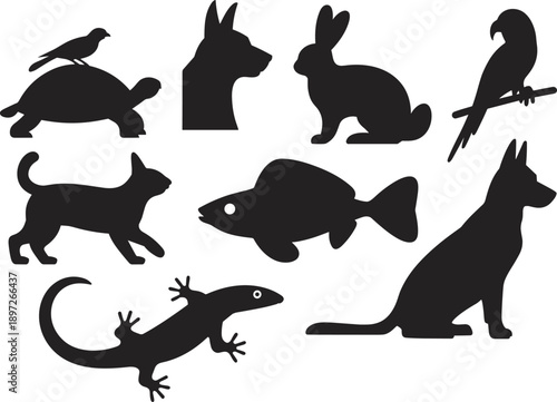 Diverse collection of black animal silhouettes including pets and wildlife in various poses and forms