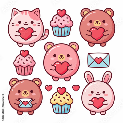 A delightful collection of cute cartoon animals and charming heart-decorated cupcakes, perfect for spreading joy and expressing love and affection on special occasions