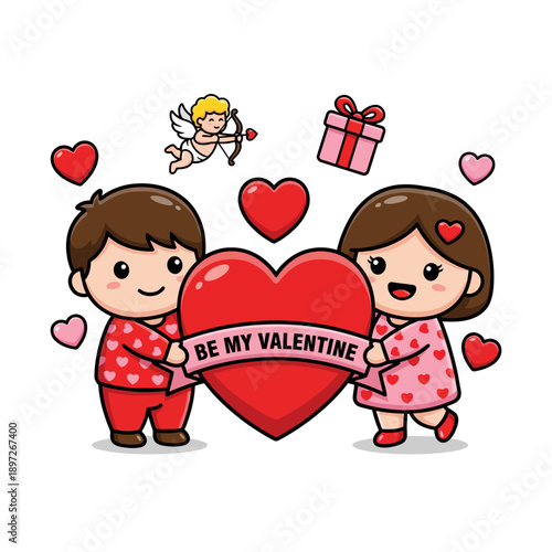 Sweet Valentine's Day Cartoon Couple Holding a Festive Heart Banner with Cupid and Gifts, Symbolizing Love and Affection