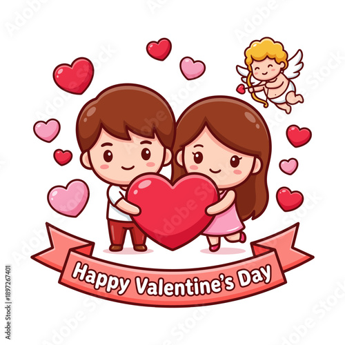 Cute cartoon couple holding a large red heart, surrounded by cheerful flying Cupid and floating hearts, beautifully symbolizing tender romance and the joyful spirit of affection