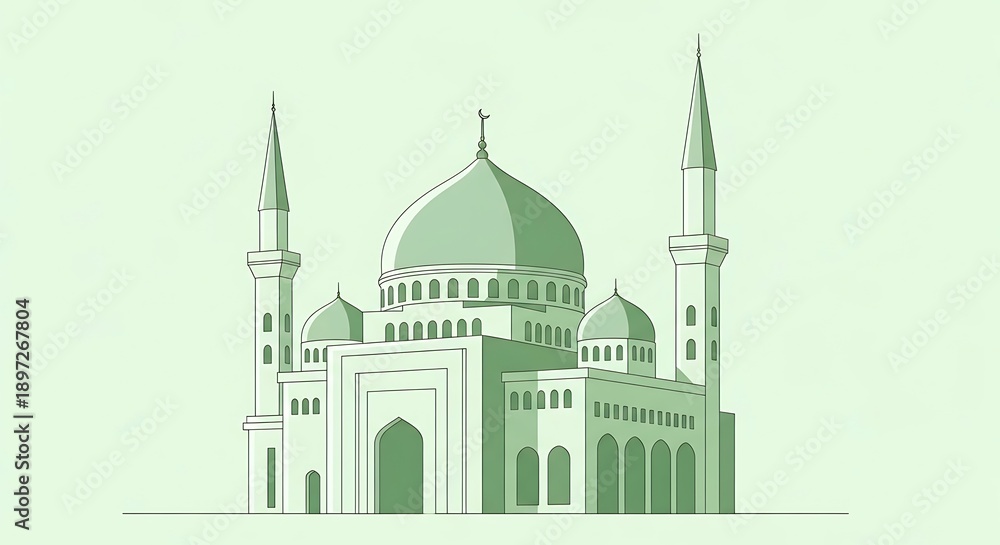 Fototapeta premium Green mosque illustration with domes and minarets.