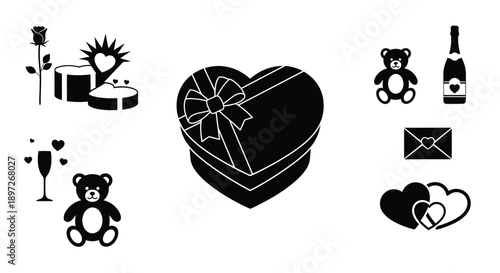 Valentine's day symbols and gifts heart shaped box teddy bears champagne roses love icons romantic gestures heartwarming tokens affectionate presents