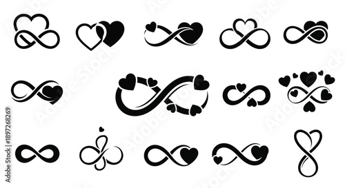 Collection of black heart and infinity symbols on white background for love eternity and valentine's day concepts