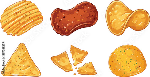 Assorted Potato Chips and Crisps Collection Including Wavy Triangle Round and Broken Pieces Vector Illustration