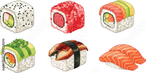 Assorted Sushi Rolls and Nigiri Set with Salmon Tuna Avocado and Sesame Vector Illustration Collection