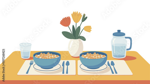 Breakfast Table Setting with Cereal and Flowers.