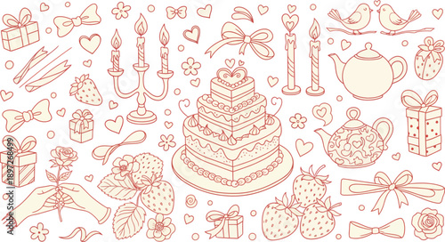 Charming hand-drawn collection of romantic and whimsical elements perfect for crafting heartfelt invitations and decorations, featuring sweet treats and decorative accents