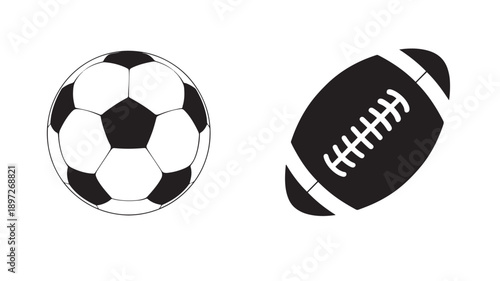 Soccer ball and American football in black and white with bold geometric patterns and classic shapes, emphasizing sports equipment design, functionality, and lightweight construction features.