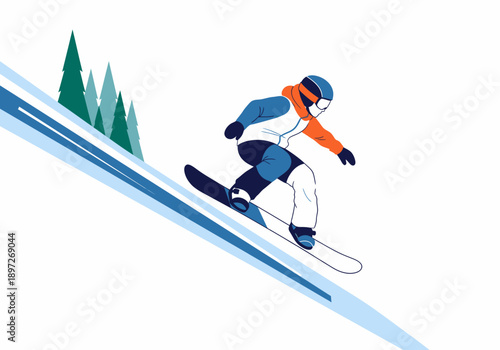 Professional Snowboarder Speeding Down Snowy Slope Illustration