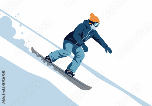 Male Snowboarder in Blue Jacket Gliding on Powder Snow