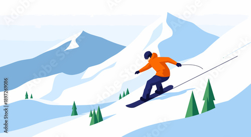 Fast Action Snowboarder Descending from Snowy Alpine Summit