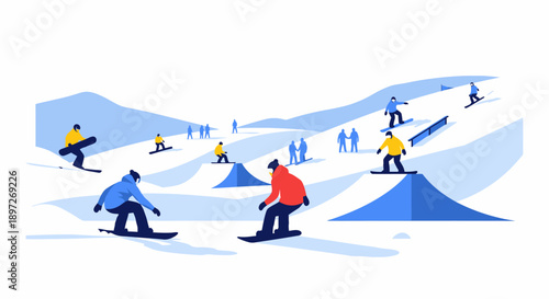 Busy Snowboard Park Scene with Multiple Athletes and Ramps