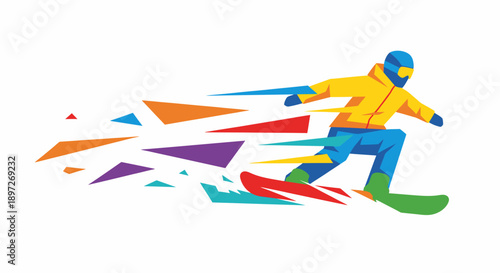 Colorful Polygonal Snowboarder Character in High Speed Motion