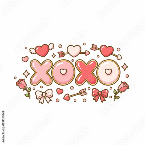 Charming XOXO graphic design featuring cute pink letters, whimsical hearts, romantic roses, and sweet bows, ideal for expressing hugs and kisses on Valentine's Day or any loving occasion