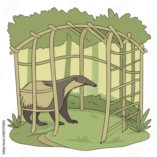 a large animal standing inside a wooden enclosure in a forest clearing with green grass and plants around it slowly