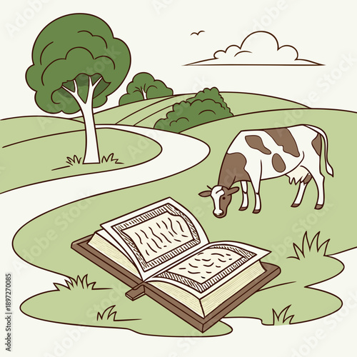 a brown and white cow grazing next to an open book on a green hill with trees and a winding path