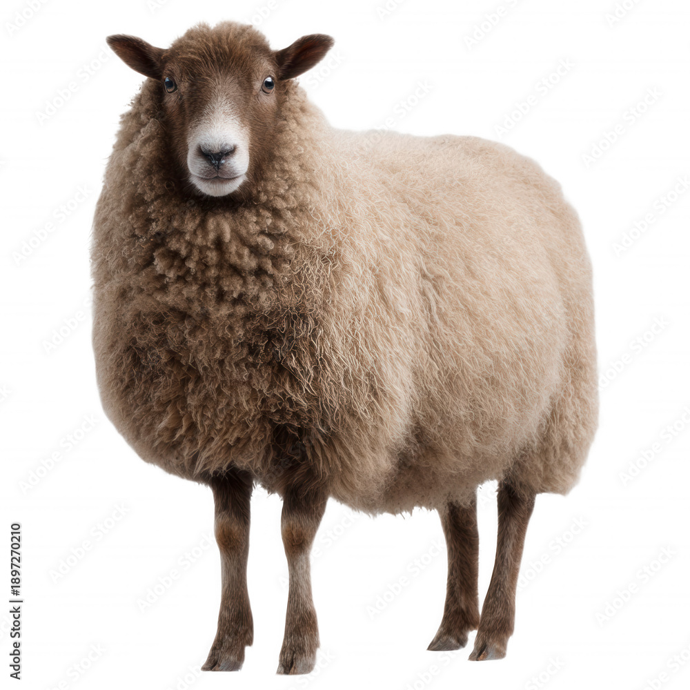 Fototapeta premium A brown sheep with a fluffy coat isolated on a black background.
