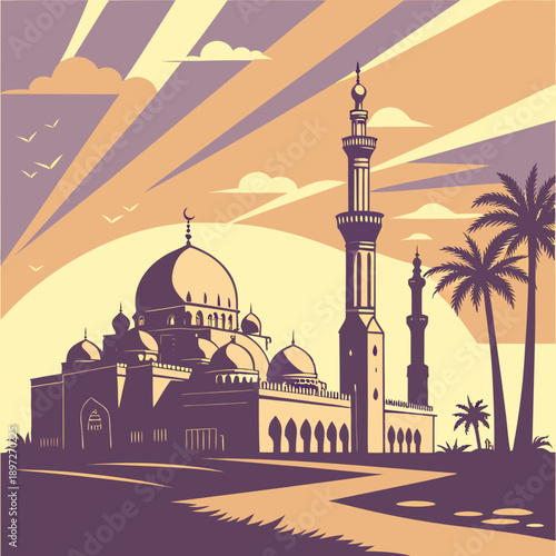 A serene mosque with a tall minaret and dome under a vibrant orange and purple sky with palm trees nearby