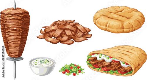 Chicken Doner Kebab Shawarma Set with Pita Bread Wrap Sliced Meat Garlic Sauce and Fresh Salad Illustration Isolated