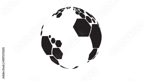 Ball soccer icon with hexagonal and pentagonal patches in black and white, representing a traditional sports ball, with a simple and recognizable silhouette for sports branding and design.