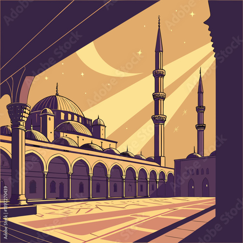 a serene mosque scene with minarets and domes under a starry night sky with a crescent moon shining brightly