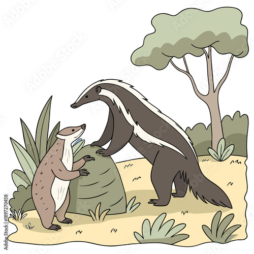 cartoon illustration of a honey badger and a ferret looking at each other in a natural outdoor setting with trees