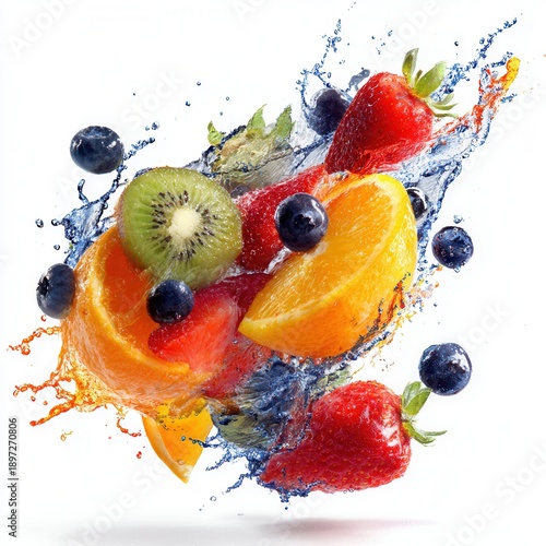 Fresh fruit and water splash create lively scene in a colorful display of nature's bounty during a creative food shoot