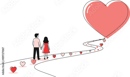 Couple Walking on Heart Path Towards Giant Heart