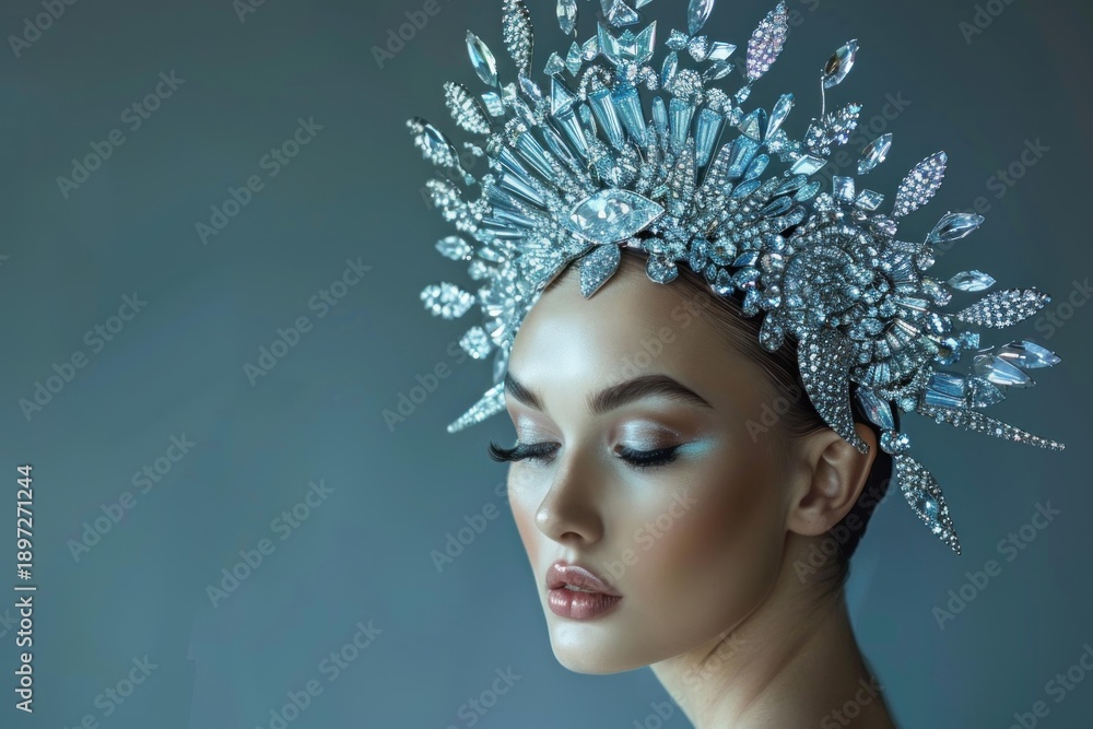 Fototapeta premium Studio portrait of a model wearing a sparkling crystal crown, her eyes closed, conveying elegance and sophistication