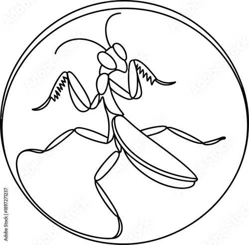 Line drawing of a praying mantis in a circle