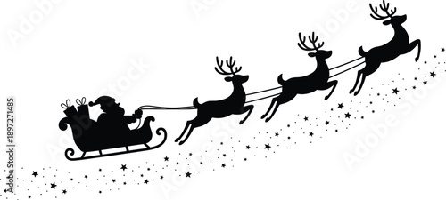 Black silhouette of Santa Claus in a sleigh pulled by four reindeer with gifts and a trail of stars for festive holiday