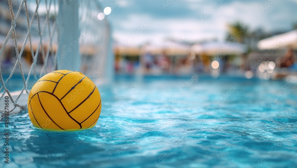 Naklejka premium Water polo ball rests near goal in swimming pool during sunny afternoon with people enjoying leisure activities