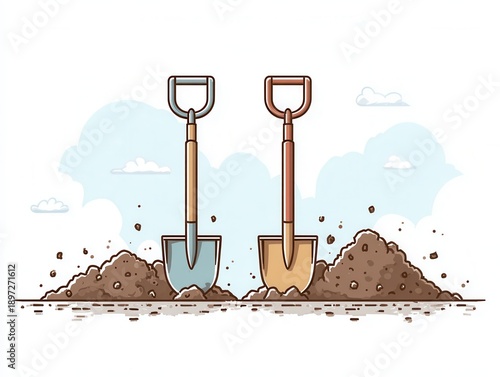 Two shovels stuck in dirt at a construction site with blue sky and clouds in the background during daytime