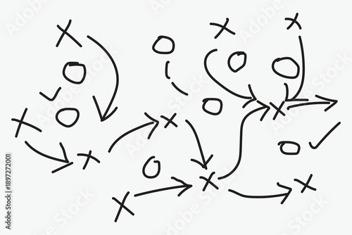 Hand draw strategy game, American football tactics, Football play diagram with curved arrows and symbols